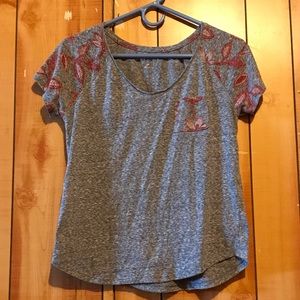 Grey Tshirt with Red Flowers and Pocket